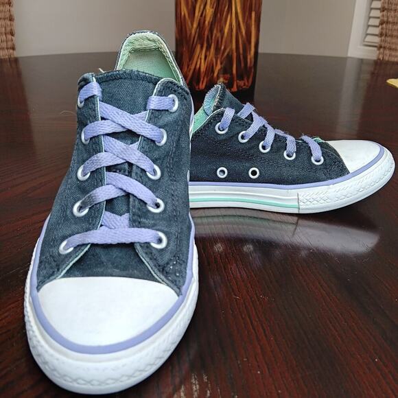 Converse All Star Double Tongue Jr Size 2 Black Teal Low Tops Sneakers - Picture 4 of 16